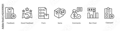 Communication Dynamics Icon Feedback, Good Feedback, Form, Items, Comments, Bar Chart, Clipboard