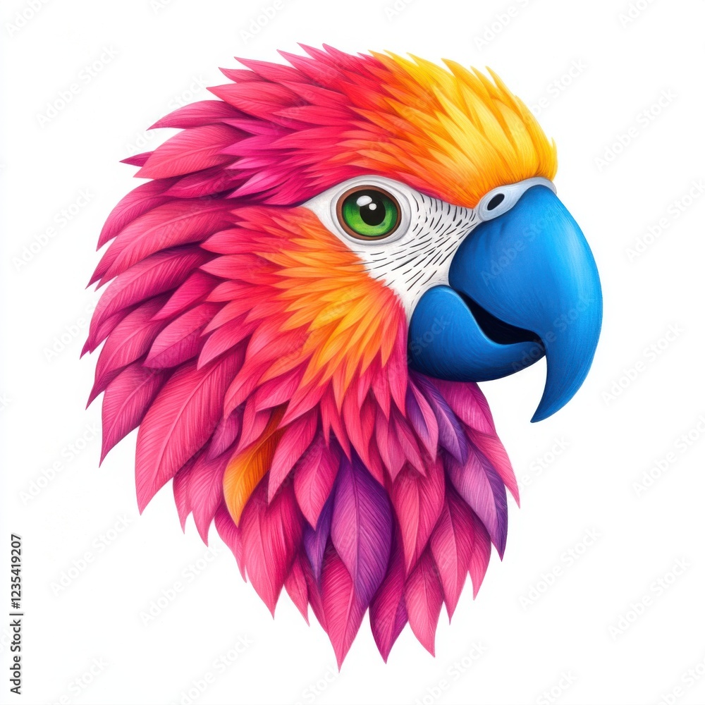 Obraz premium Vibrant Tropical Parrot Head with Colorful Feathers and Expressive Eye Displaying Artistic Style and Detail