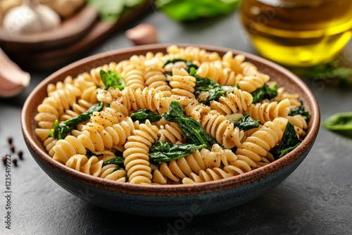 Spinach pasta dish, kitchen setting, healthy meal, food photography, recipe illustration