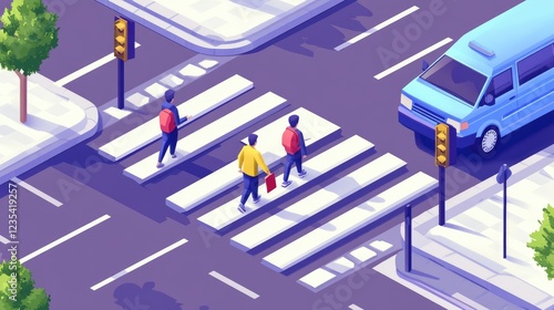 Students Crossing Street Safely Near Vehicle