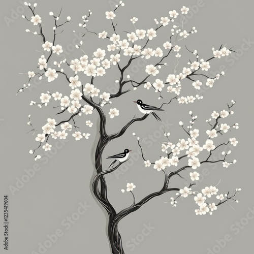 Elegant stylized cherry blossom tree with birds