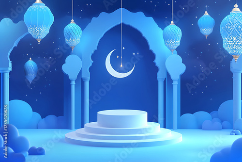 Elegant Blue Ramadan Display Podium with Lanterns and Crescent Moon