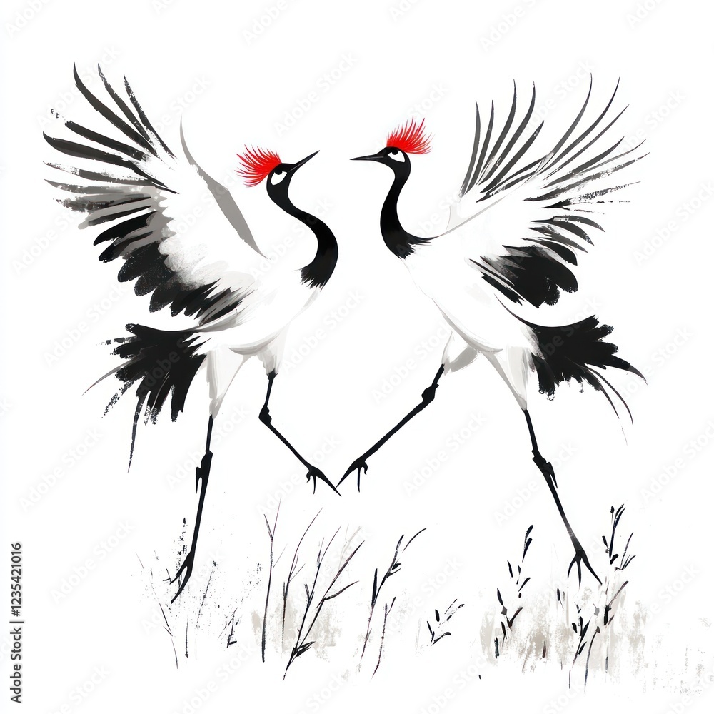 Obraz premium Two Red Crested Cranes Dance Gracefully Above Grass