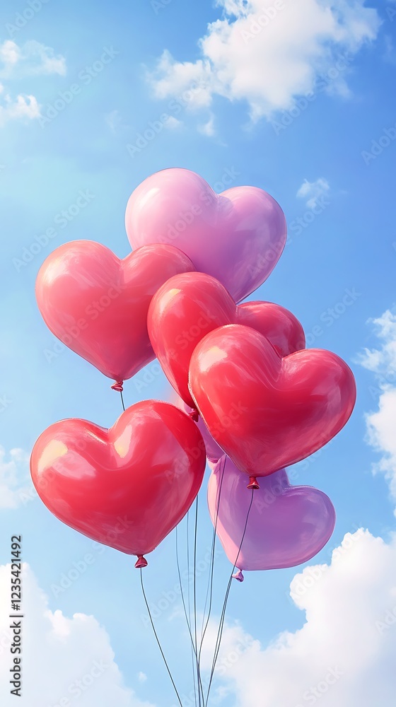 A cluster of heart-shaped balloons in shades of red and pink against a blue sky. A cluster of heart-shaped balloons in shades of red and pink against a blue sky.