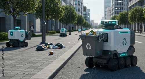 The Future of Waste Management:  A fleet of futuristic robotic waste collectors navigate the city streets, a vision of automated sanitation in a technologically advanced future.