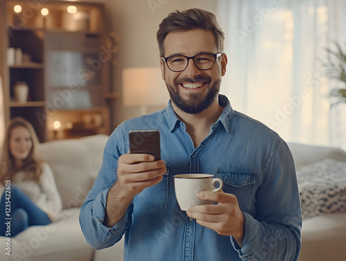 Freelancer exitoso trabajando desde casa, revisando correos electrónicos, gestionando redes sociales y manejando comunicación empresarial en línea mientras se relaja con café