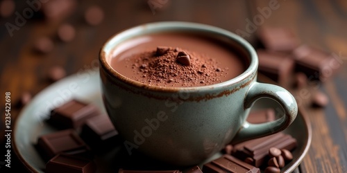 Rich, dark, and decadent hot chocolate in a light blue mug photo