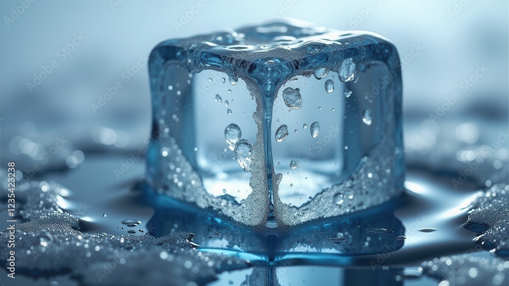 Single melting ice cube with water droplets on a reflective wet surface Single melting ice cube with water droplets on a reflective wet surface