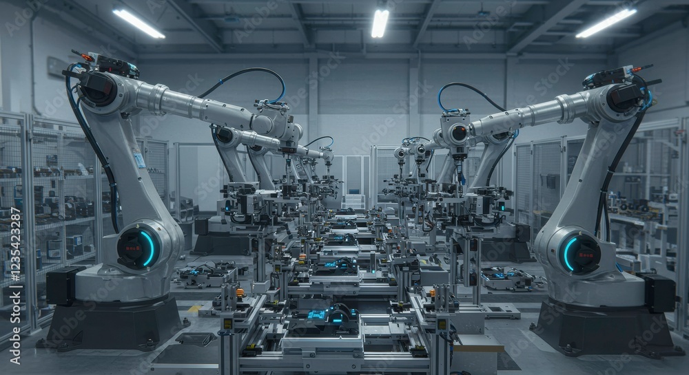 Automated Precision: A mesmerizing glimpse into the future of manufacturing, featuring a line of advanced robotic arms meticulously working in a sterile, futuristic industrial setting. Automated Precision: A mesmerizing glimpse into the future of manufacturing, featuring a line of advanced robotic arms meticulously working in a sterile, futuristic industrial setting.