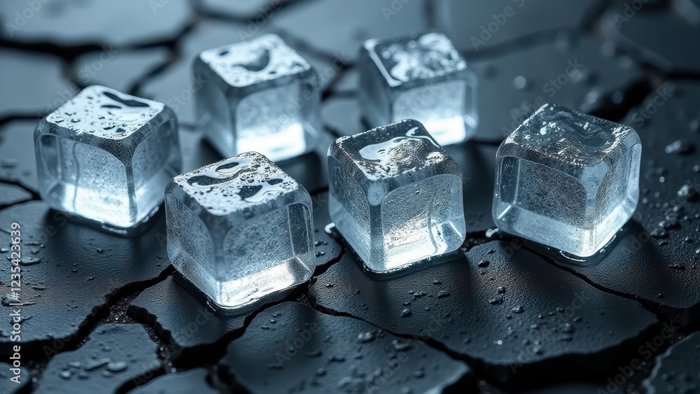 Melting ice cubes with water droplets on a dark slate surface in moody lighting Melting ice cubes with water droplets on a dark slate surface in moody lighting