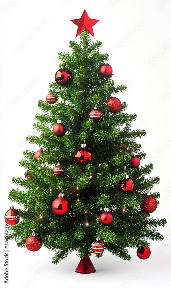 Decorated Christmas tree with red ornaments and star on white background, perfect for holiday projects Decorated Christmas tree with red ornaments and star on white background, perfect for holiday projects