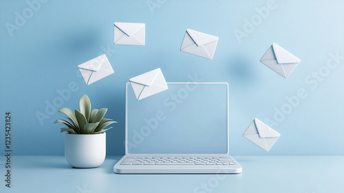 laptop on blue desk with floating envelopes symbolizes email marketing. potted plant adds touch of nature to modern digital workspace, creating balanced and inviting atmosphere