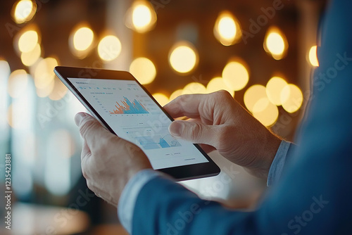 person in suit is using tablet to analyze data charts in modern office with warm lighting, focusing on high tech dashboards for tracking marketing spend and campaign performance