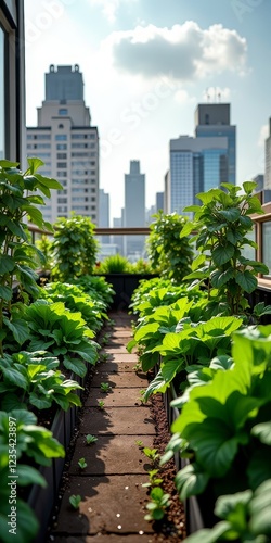 A rooftop garden on a sunny day, with lush green plants and a city skyline in the background