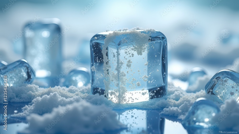 Glass of cold water with ice cubes on a reflective surface in blue lighting Glass of cold water with ice cubes on a reflective surface in blue lighting