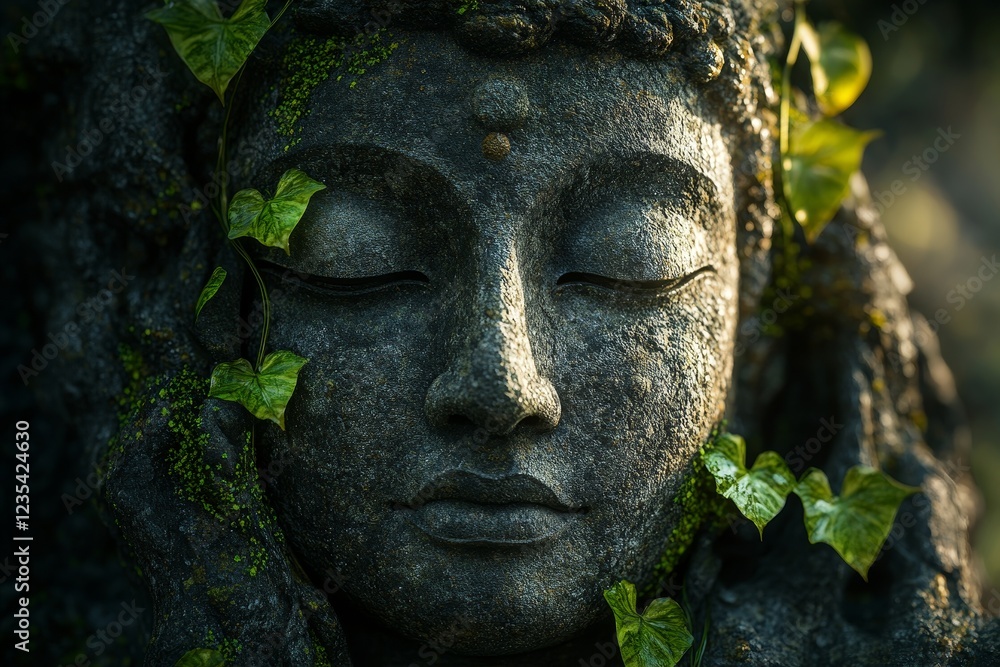 Fototapeta premium Serene Buddha statue, overgrown with ivy, forest background, meditation