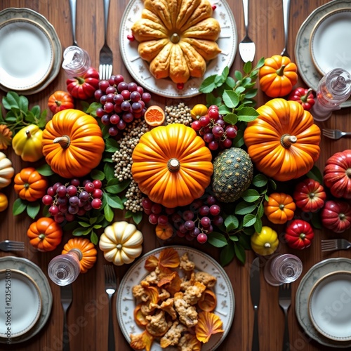 Wallpaper Mural A traditional Thanksgiving table setting featuring pumpkins, grapes, and a variety of seasonal fruits Torontodigital.ca