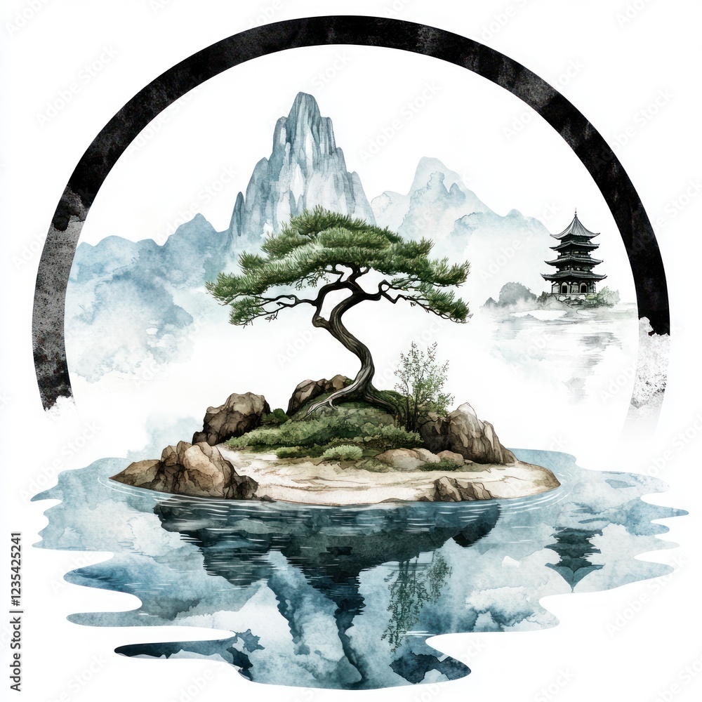 Fototapeta premium Serene Island Scene with Ancient Pagoda and Majestic Mountains