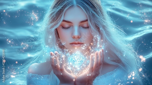 Enchanting Woman Holding Magical Light in Mystical Water Setting