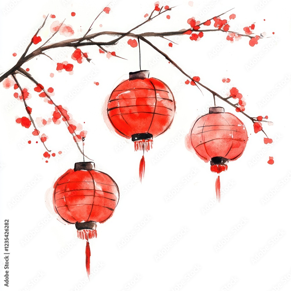 Obraz premium Red Lanterns Hanging From Blossoming Branch Watercolor Painting