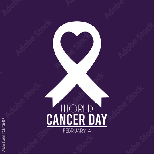 4 February. World cancer day. Poster or banner. White ribbon icon on purple background. Flat design vector illustration.