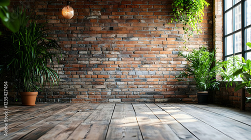 Cozy interior with rustic brick wall, wooden floor, and lush green plants
