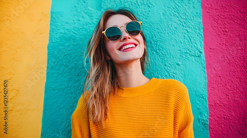 Young woman in yellow sweater smiling against colorful wall backdrop