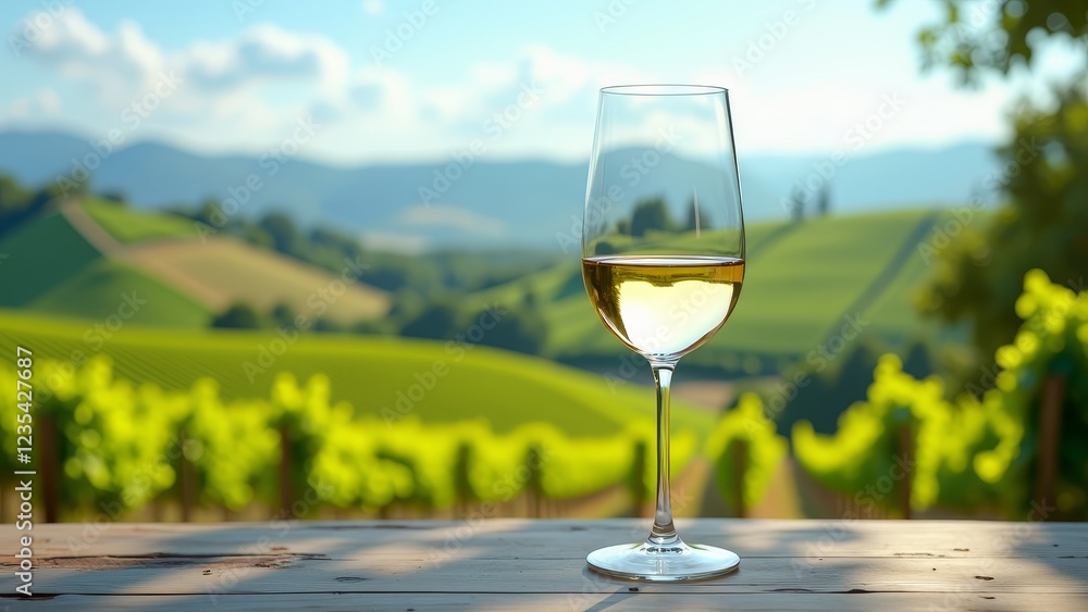 A glass of wine on a wooden table, with a vineyard in the background A glass of wine on a wooden table, with a vineyard in the background