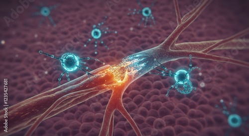 Nerve Damage and Inflammation: Microscopic view of nerve damage and inflammation, with vibrant glowing cells and intricate details highlighting the affected area.
