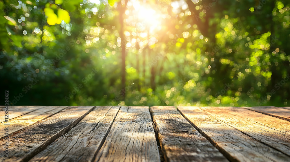 Sunlight streaming through trees onto a wooden table in a serene forest setting Sunlight streaming through trees onto a wooden table in a serene forest setting