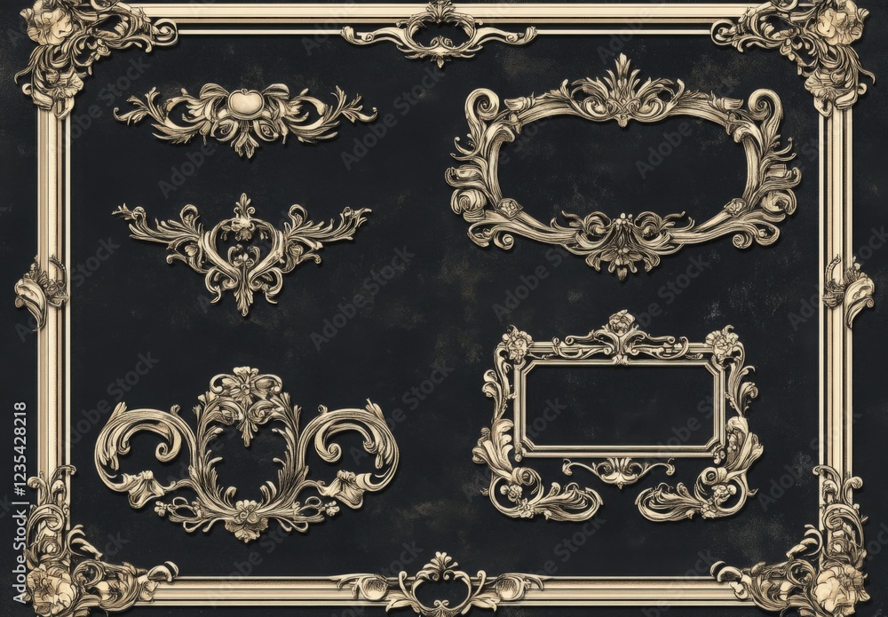 A set of ornate frames and a frame with a square in the middle A set of ornate frames and a frame with a square in the middle