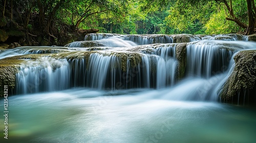 Serene Waterfall Cascading Over Smooth Rocks in Lush Green Forest
