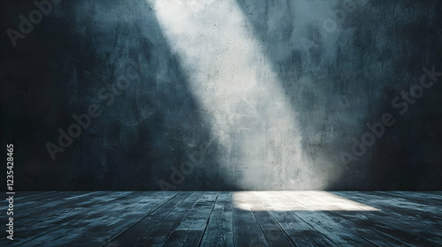 Dramatic lighting casts shadows over a rustic wooden floor in an empty room