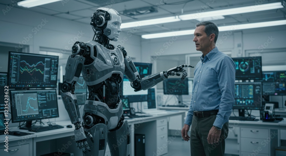 Humanoid Robot and Scientist: A futuristic scene depicting a sophisticated humanoid robot interacting with a male scientist in a high-tech laboratory setting. Humanoid Robot and Scientist: A futuristic scene depicting a sophisticated humanoid robot interacting with a male scientist in a high-tech laboratory setting.