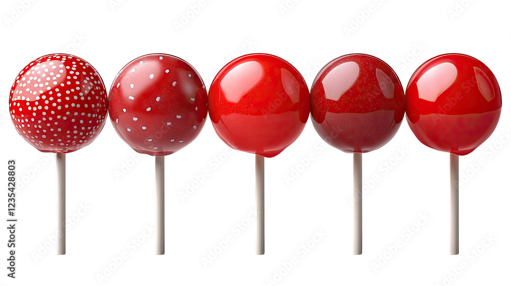 Candy Dreams: Five vibrant, cherry-red lollipops arranged in a row, each with unique textural details, evoking a sense of pure delight and sweet indulgence. Candy Dreams: Five vibrant, cherry-red lollipops arranged in a row, each with unique textural details, evoking a sense of pure delight and sweet indulgence.