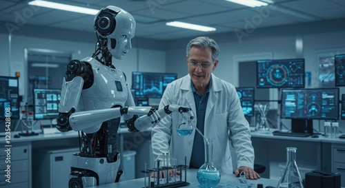 Scientist and Robot Collaborate: A mature scientist in a lab coat collaborates with an advanced humanoid robot on a scientific experiment, showcasing futuristic technology and human-AI interaction.
