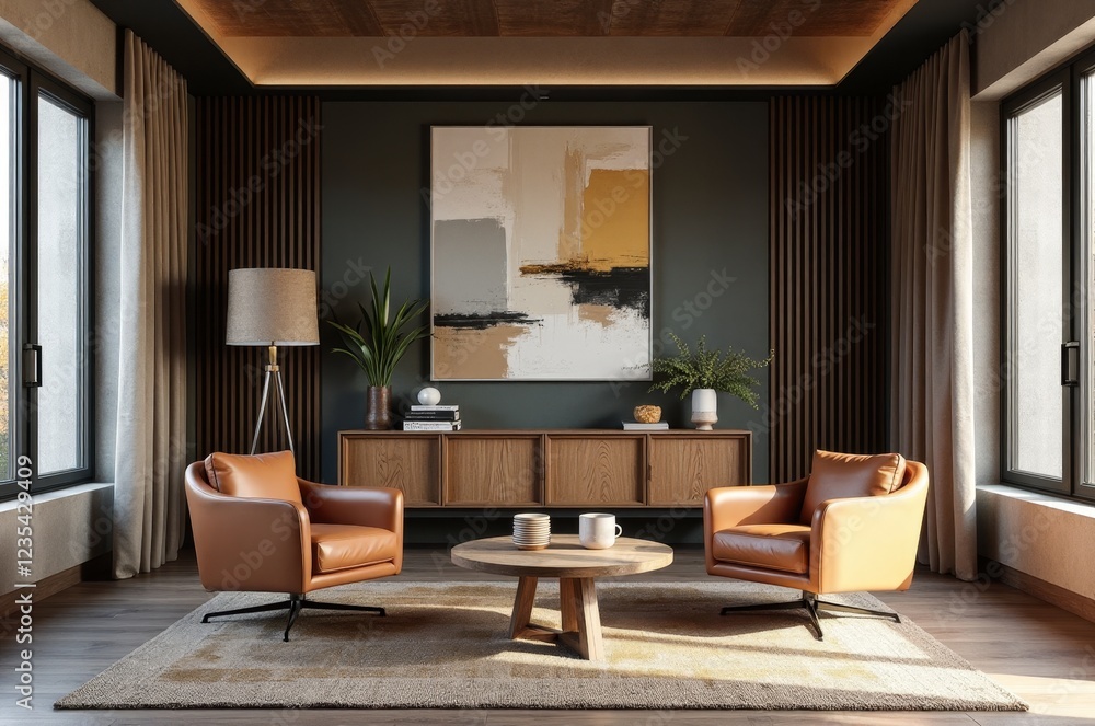 Fototapeta premium A serene and inviting room with a large abstract painting, two brown leather chairs, and a wooden coffee table