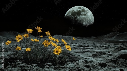 Lunar flowers bloom under a bright moon; night sky photo