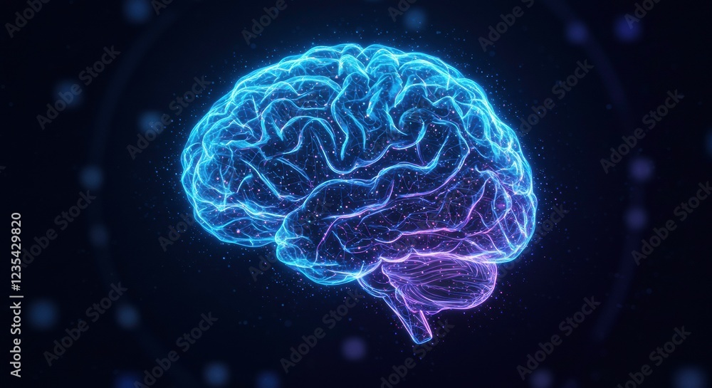 Fototapeta premium Glowing Human Brain: A mesmerizing digital rendering of a human brain, illuminated in vibrant blue and purple hues, evokes intelligence, innovation, and the mysteries of the mind. 
