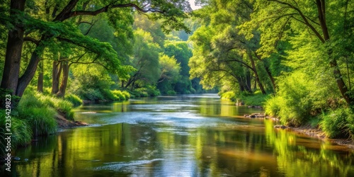 Softly flowing river meandering through dense foliage with tall trees and vibrant greenery surrounding it , peaceful