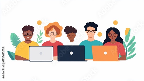 Five people using laptops, diverse group, online collaboration and communication illustration