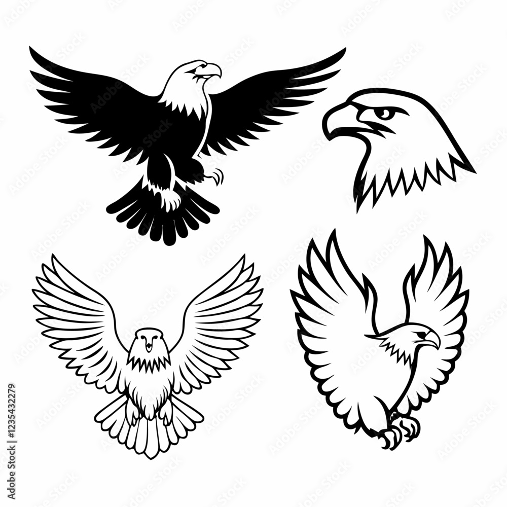 Obraz premium Majestic Eagle Silhouette Icons Flying, Perched, Swooping & Head Designs Bold, Strong Branding & Vector Art