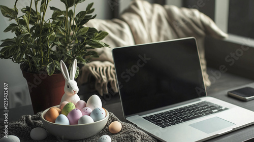 Obraz na płótnie easter bunny and easter eggs with laptop w salonie