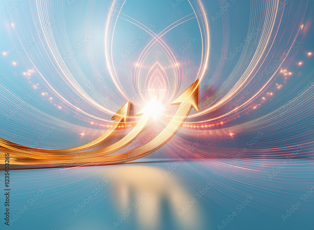 Obraz premium Golden arrows ascend, radiating light against a swirling, abstract blue and pink background. The scene evokes growth, progress, and positive energy.