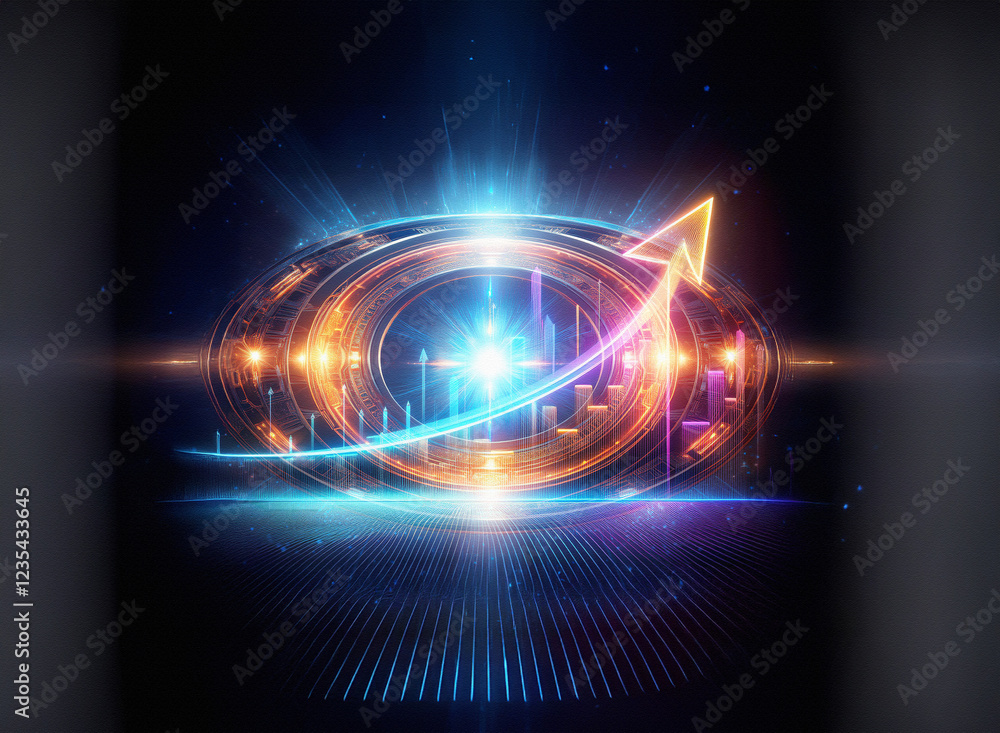 Obraz premium A futuristic, glowing orb displays vibrant upward trending graphs, symbolizing growth and technological advancement. The design incorporates metallic elements and a dynamic, energetic light show.