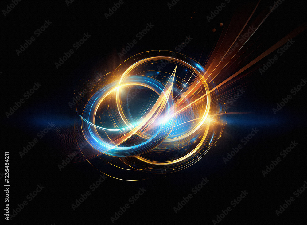 Obraz premium Intricate, glowing rings intersect, creating streaks of light against a dark background. The vibrant hues suggest energy and movement.