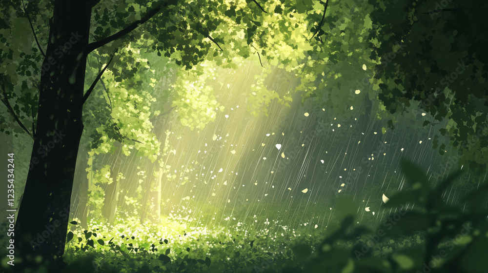 Obraz premium Sunlight Breaks Through a Tranquil Forest Canopy Creating a Serene Atmosphere in the Early Morning Light. Generative AI