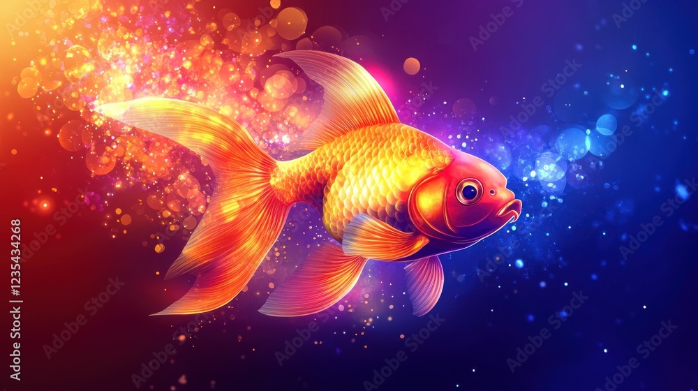 Fototapeta premium Golden fish swims, vibrant background, energy, fantasy art, website banner