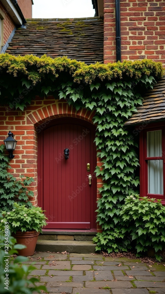A charming red door with a brick archway and lush greenery A charming red door with a brick archway and lush greenery