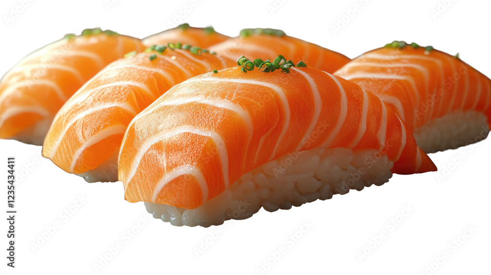Salmon Nigiri: A delectable arrangement of freshly prepared salmon nigiri sushi, featuring plump, perfectly sliced salmon atop mounds of vinegared rice.
